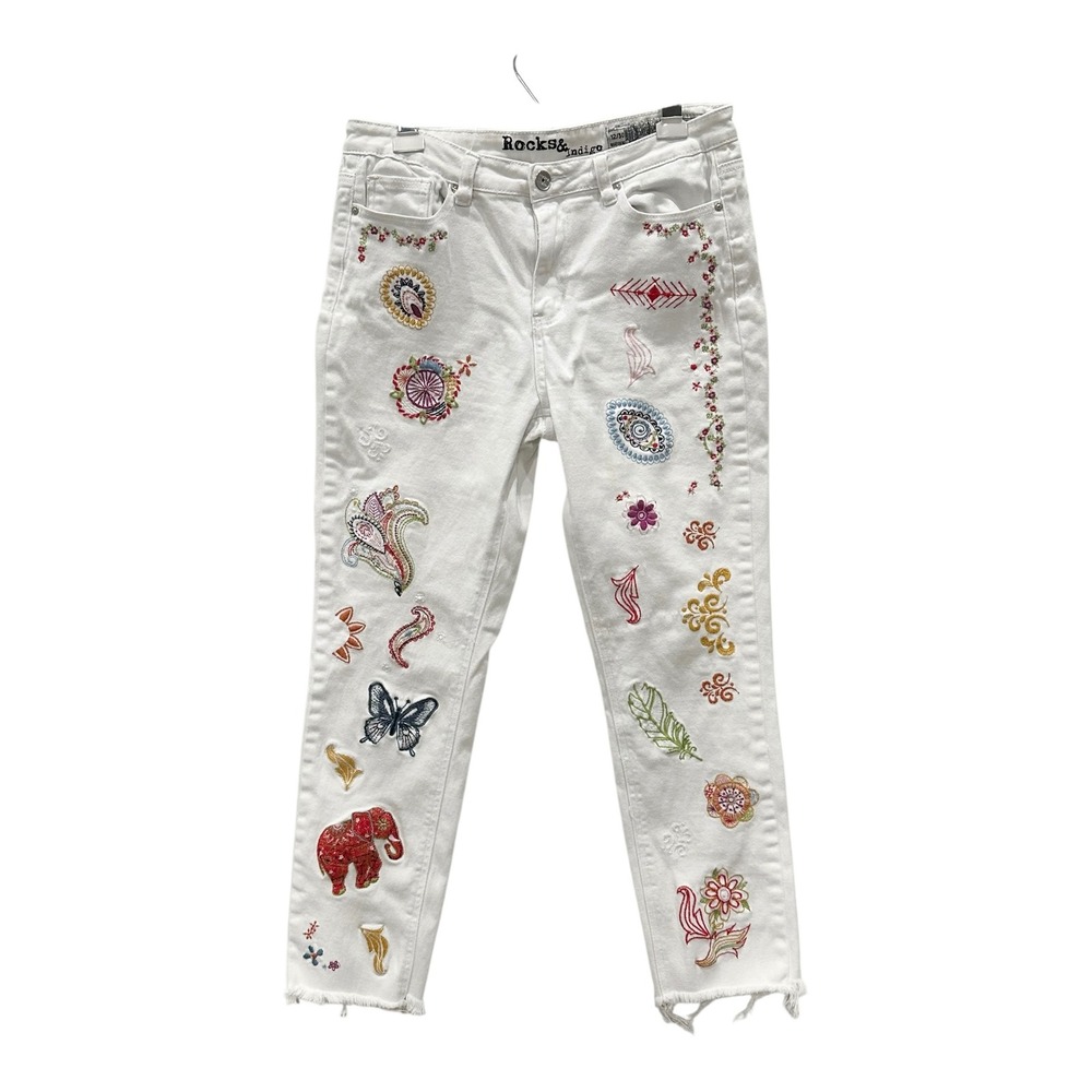 Embroidered White Festival Skinny Jeans Raw Hem Women's 12/30 Rocks & Indigo
